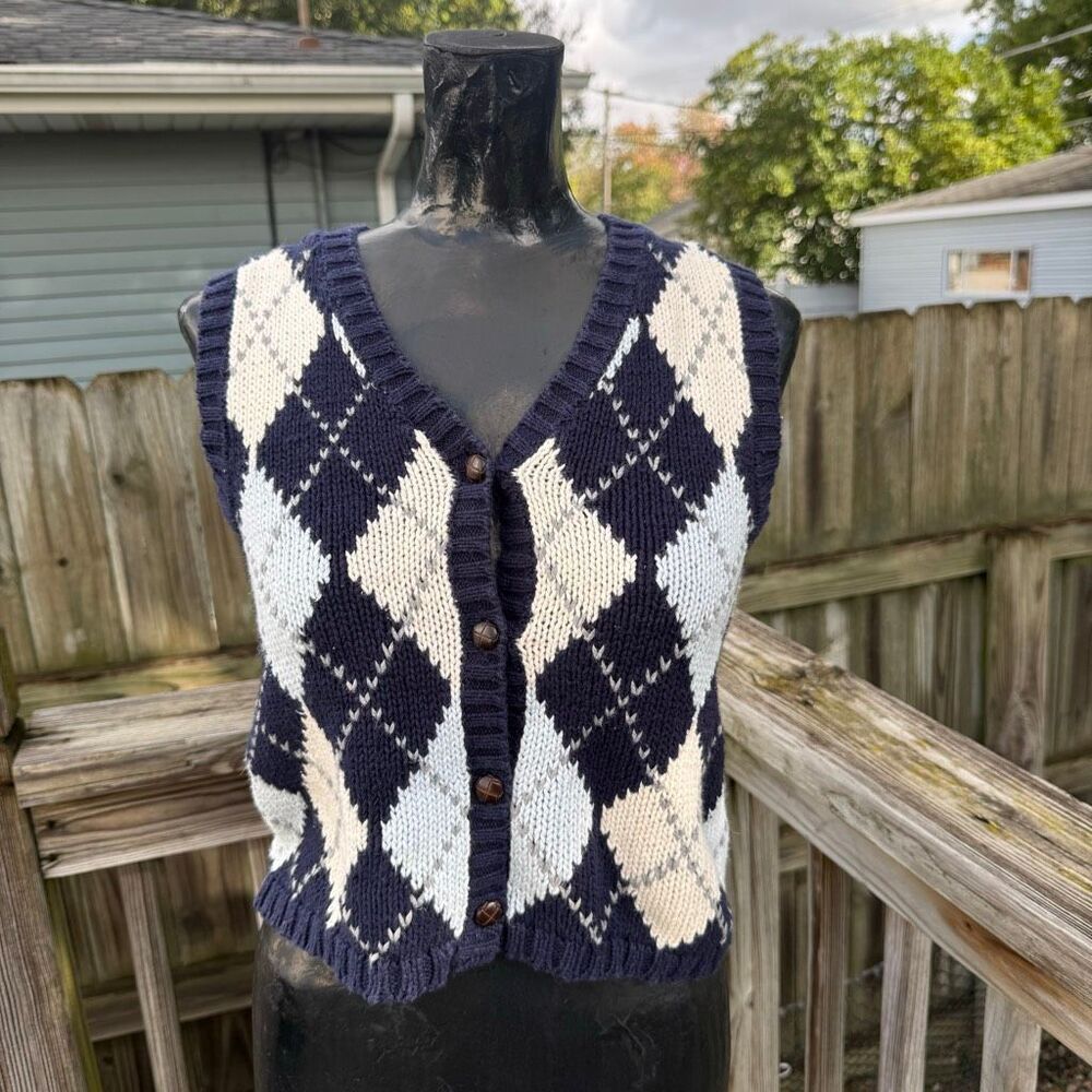 The Limited Navy Argyle Button Front Knit Sweater Vest Fits Women’s Small
